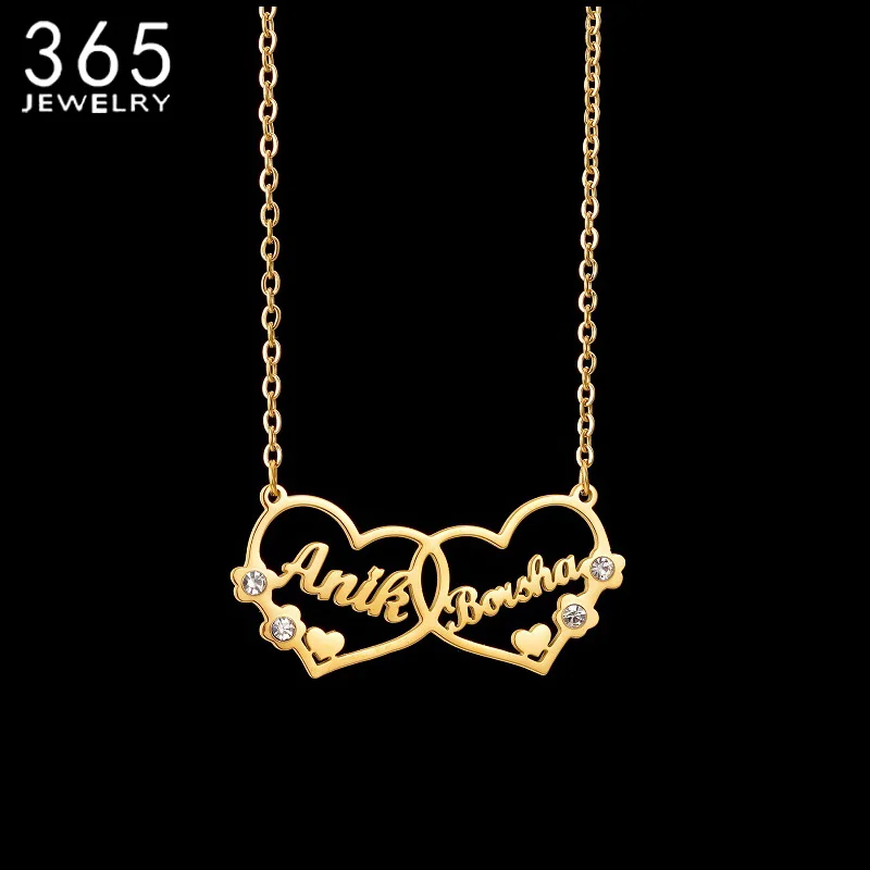

365 Personalized Double Heart Necklace Stainless Steel Custom Name Pendant With Rhinestone For Women Romantic Jewelry Girls Gift