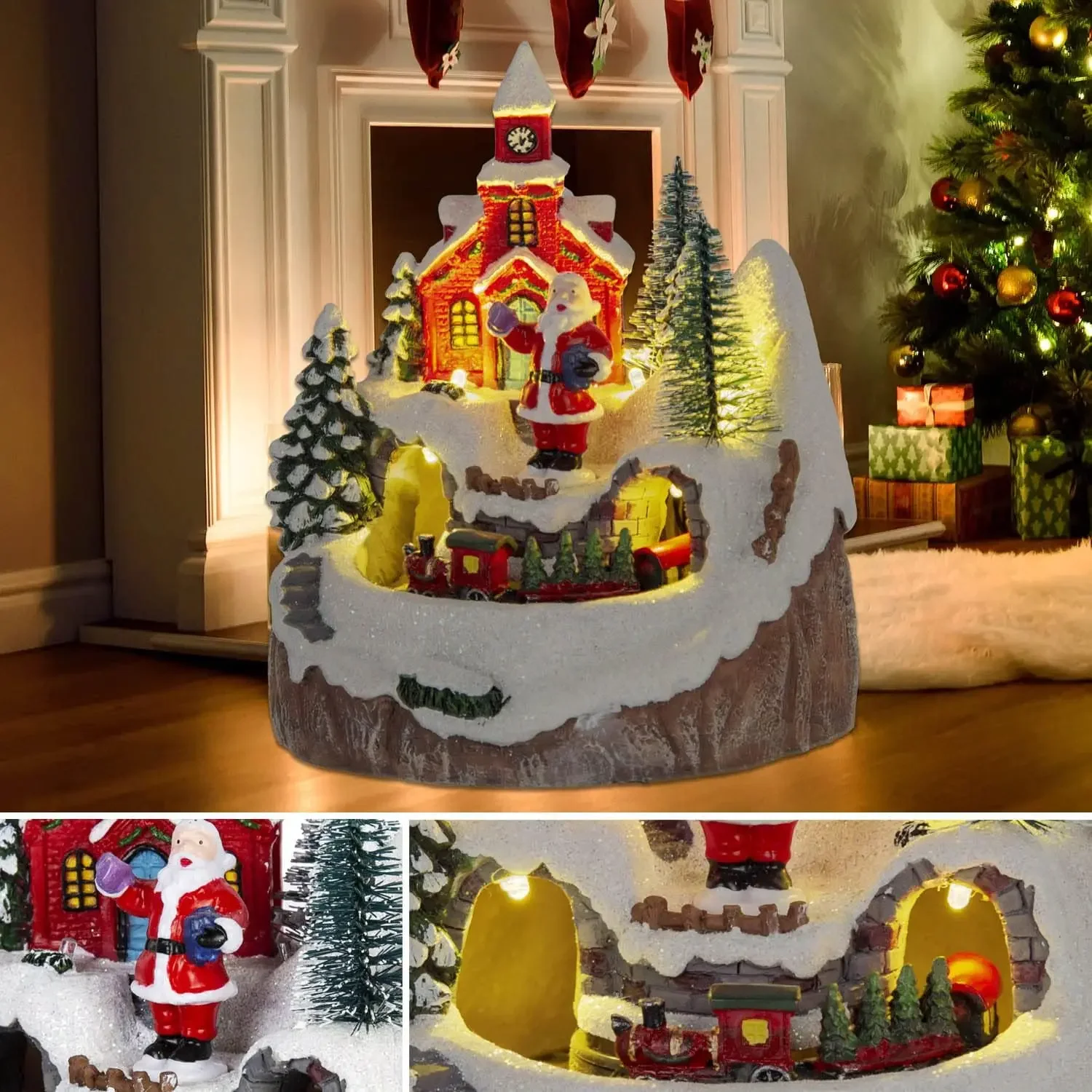 Christmas Toys Village with Moving Train & Santa Claus - LED Light-Up Musical Indoor Holiday Display Church House Theme