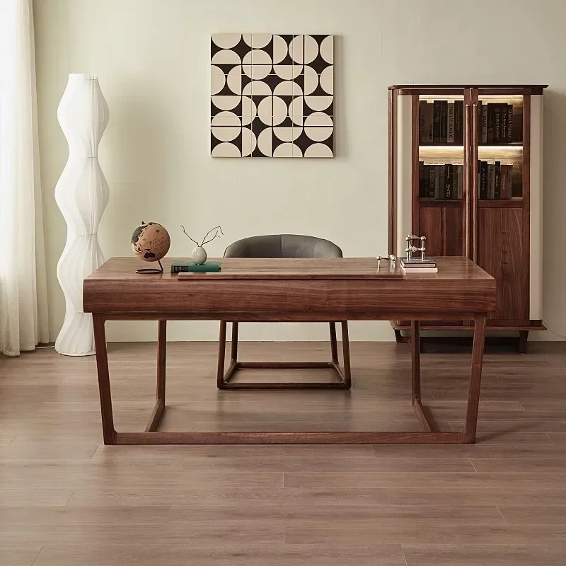 Italian light luxury black walnut office computer desk all solid wood boss table study furniture