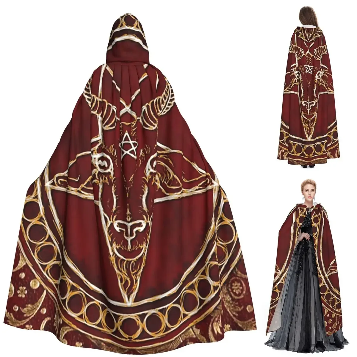 

Украшенная коза, пентаграмма, бафомет, длинный плащ с капюшоном, средневековый костюм ведьмы, накидка для косплея, Хэллоуин, вампир, для взрослых, унисекс