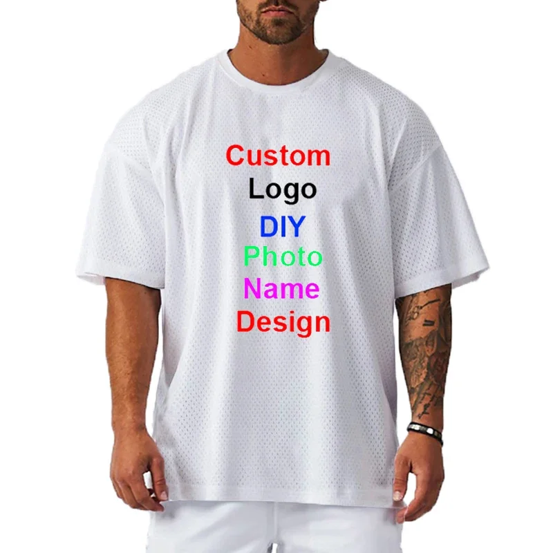 DIY Brand Logo Customized Mesh Oversized T shirt Mens Gym Clothing Fitness Bodybuilding Dropped Shoulder Half Sleeve T-shirt