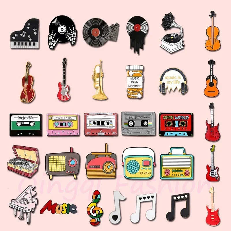 Lapel Pin Decoration Personalized Music Brooch Set Creative Retro Guitar Notes Cassette Tapes Vinyl Records Metal Badges