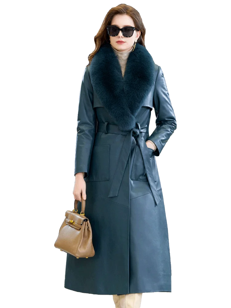 AYUNSUE Real Leather Down Jacket Women Natural Sheepskin Winter Coat Belt Fashion Windbreaker Warm Mink Fur Collar Detachable