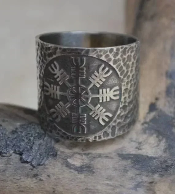 Vintage Viking Compass Helm of Awe Ring Stainless Steel Mens Nordic Ethnic Belief Aegishjalmur Ring Jewelry Dropshipping