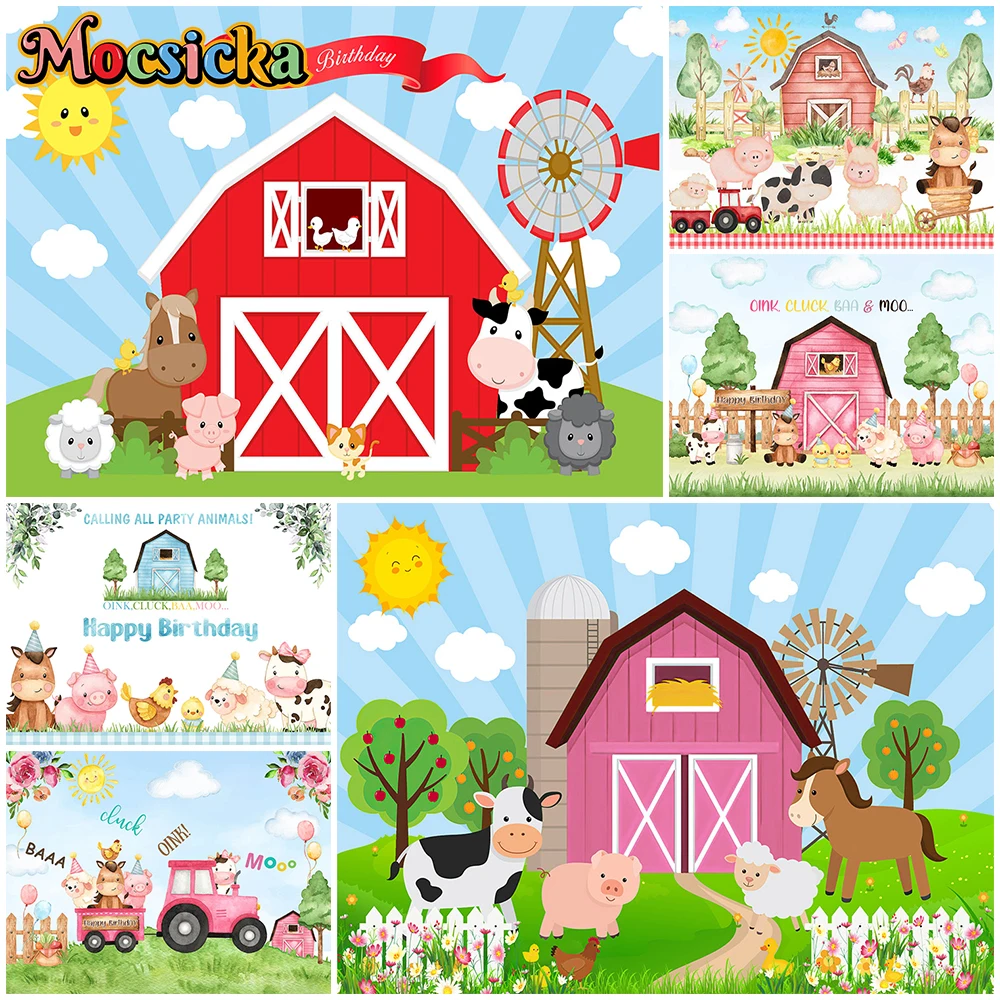 

Mocsicka Farm Photography Backdrop Green Grassland Red House Animal Sheep Pig Cow Decoration Happy Birthday Background Photocall