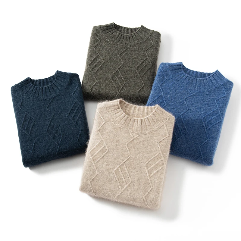 سترة كشمير نقية 100% سميكة مزدوجة للرجال، قميص قاعدة فضفاض محبوك بنصف الياقة المدورة، سترة بلون موحد