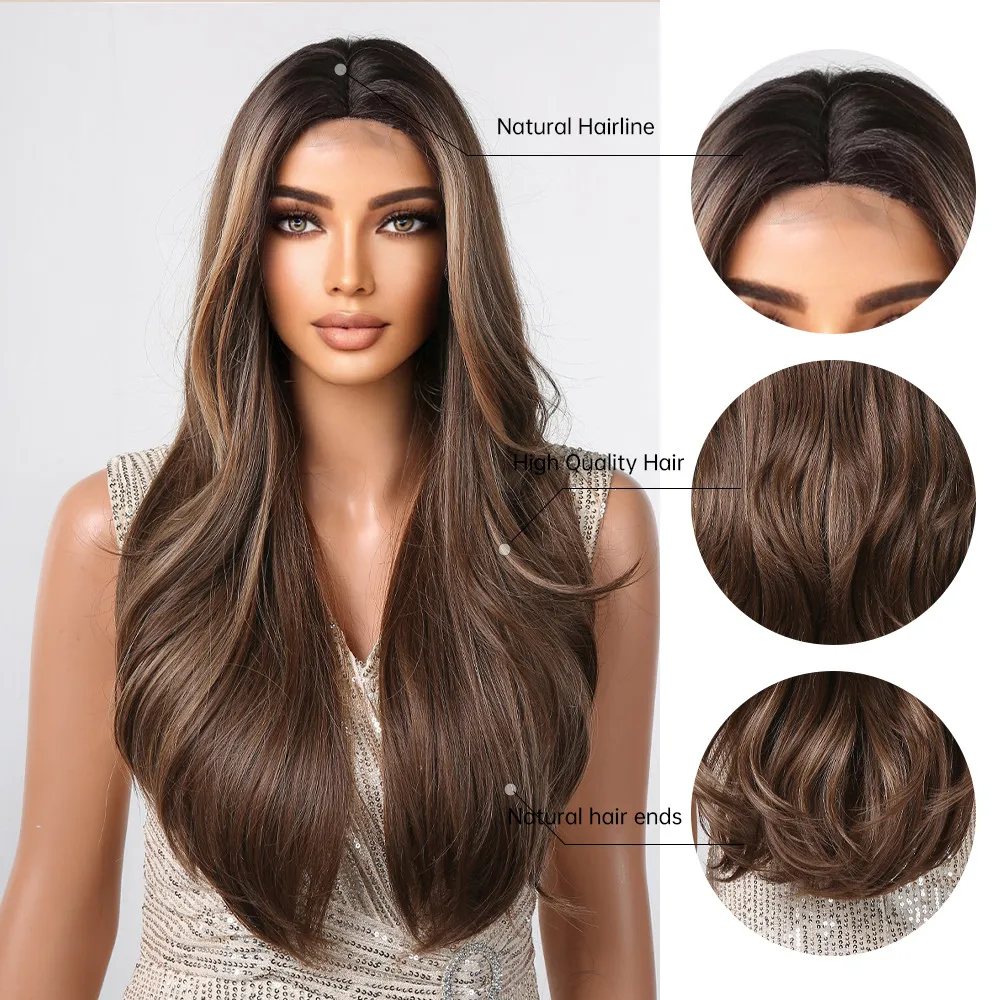 Long Wavy Castanha Castanha Sintética Perucas Destaque Golden Hairline Lace Wig para Mulheres Daily Cosplay Resistente ao Calor Fake Hair