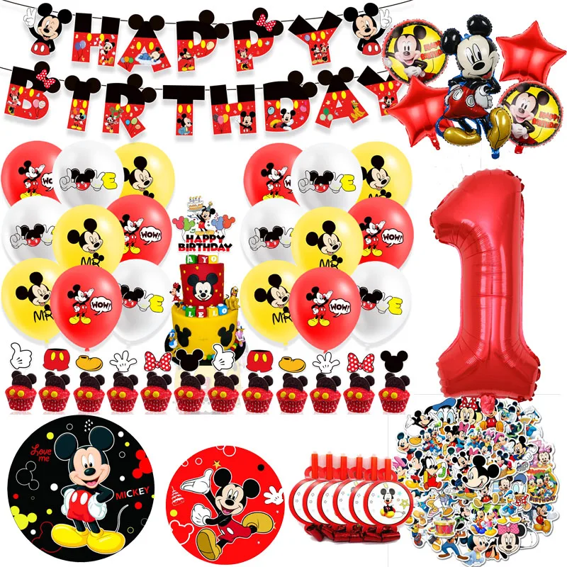 Décoration d'anniversaire Mickey Mouse, vaisselle jetable, serviette, nappe en paille, ballons, fournitures de réception-cadeau pour bébé, cadeau pour enfant, nouvelle collection