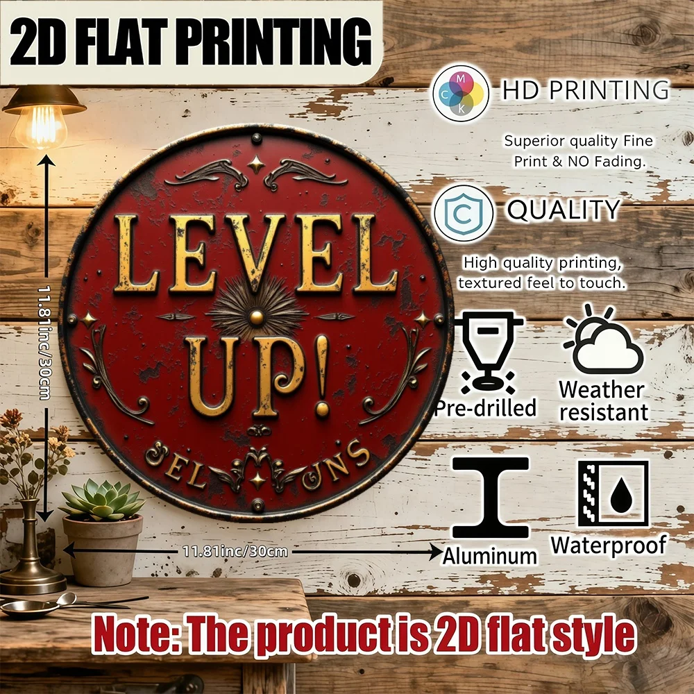 LEVEL UP Round Metal Sign - 1PC, Floral & Geometric Art, Unique Wall Decor for Living Room, Home, Garden, Patio, Bar, Vintage Bi