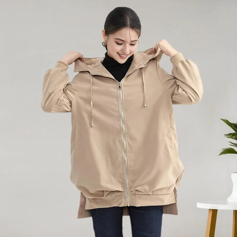 Women Jacket Stylish Windproof Hooded Cardigan for Women with Split Hem Zipper Closure for Outdoor Activities Travel Lightweight