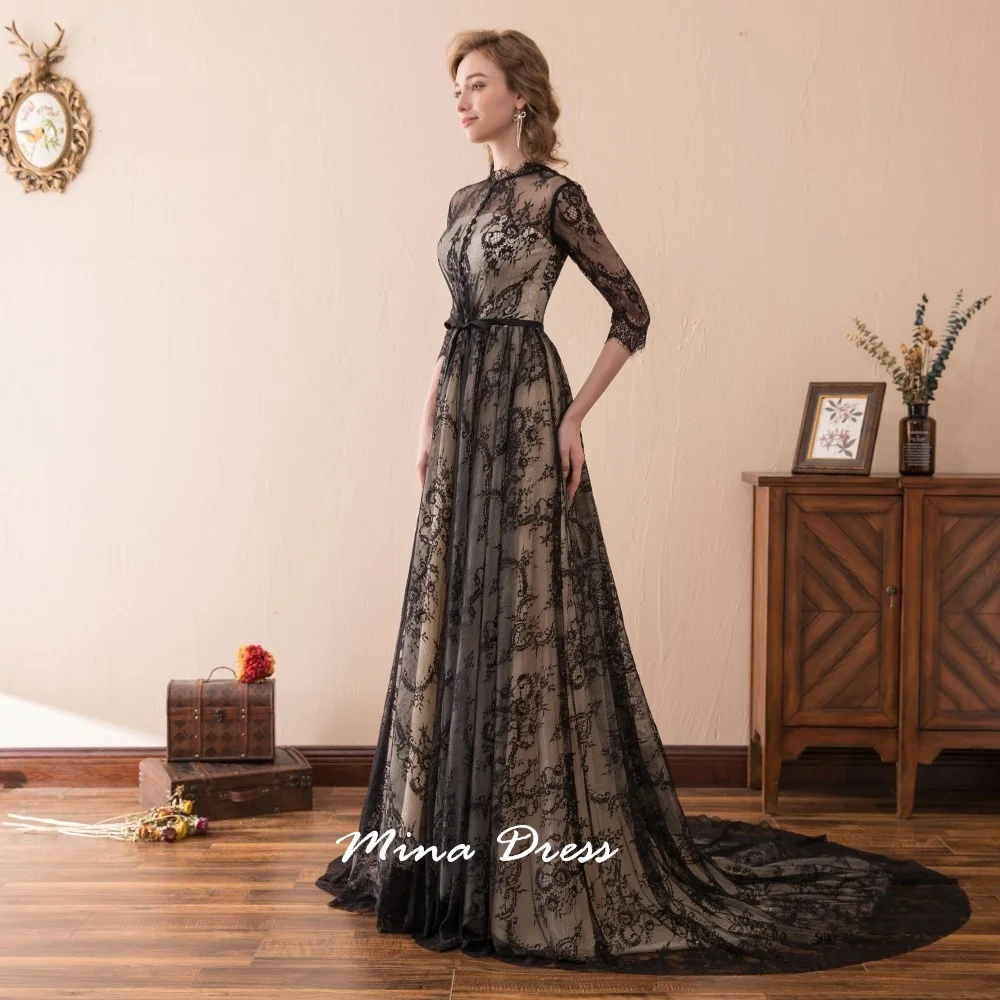 Mina Customized elegant lace semi-transparent evening gown with round neck, three-quarter sleeves, floor-length train, formal ba