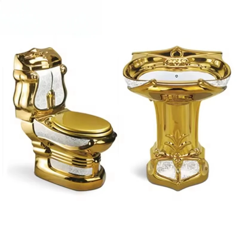 

Hot Sell Restaurant Luxury Gold Plated Toilet Bowl Bathroom Sink Pedestal Ceramic Golden Toilet Set