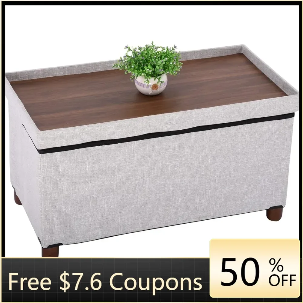 

30 Inches Storage Ottoman Bench With Wooden Legs for Living Room Foot Stool Linen Fabric Footrest freight Free Furniture