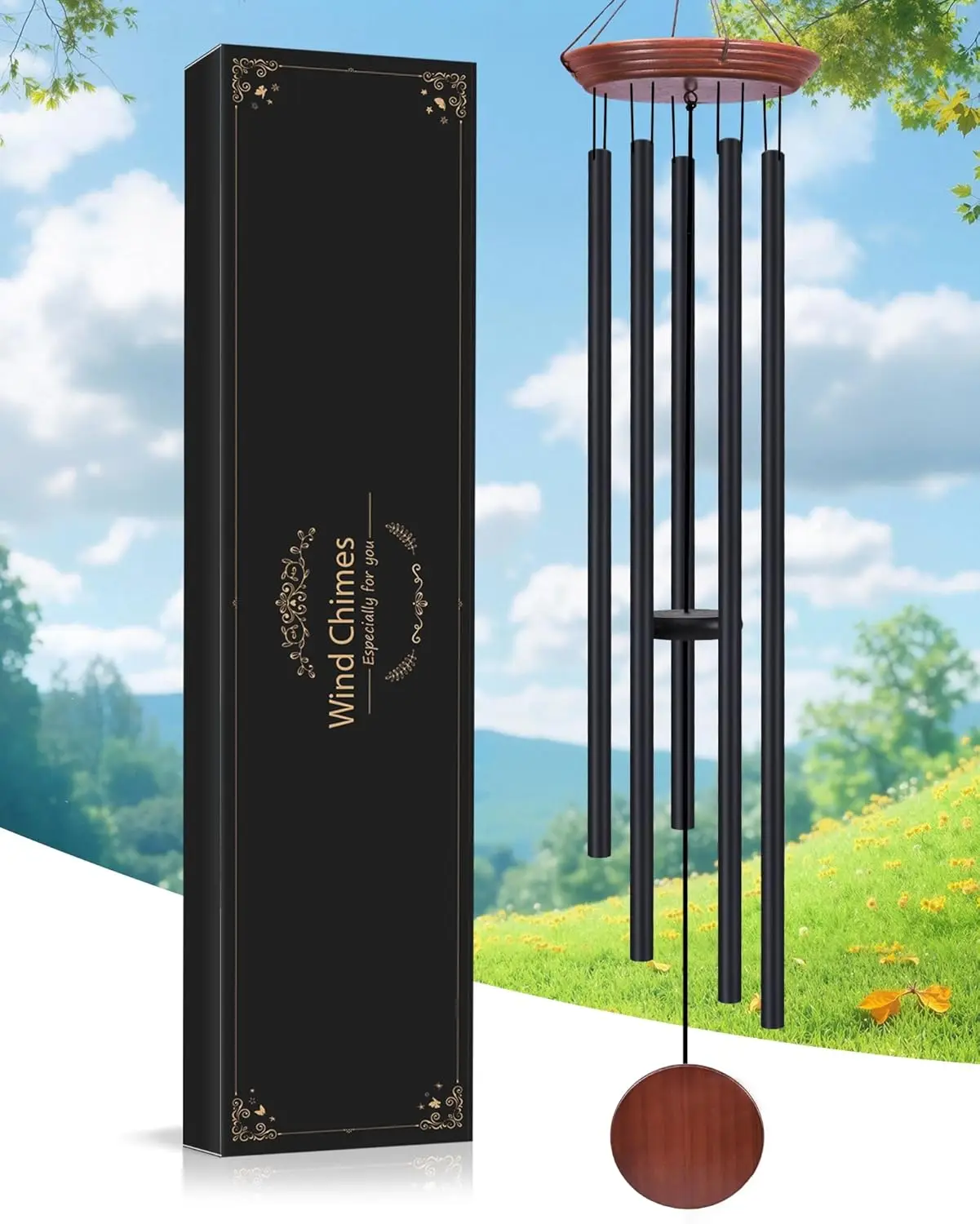 

60-Inch Deep Tone Memorial Wind Chimes for Outdoor Garden Patio, 6 Heavy Aluminum Tubes, Sympathy Gift in Black