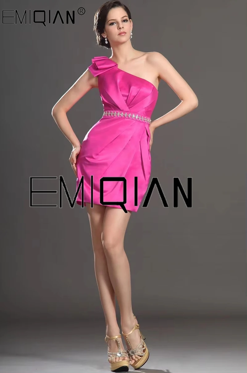 

New Above Knee One Shoulder Straight Gown Cocktail Dress with Beaded Belt Short Prom Dresses