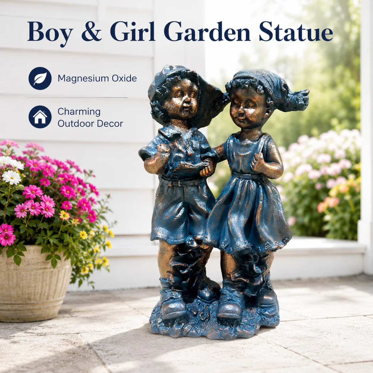 Garden Statue Boy and Girl Outdoor Figurine Yard Decor Lawn Ornament Patio Porch Backyard Flower Bed Decorative Sculpture Art