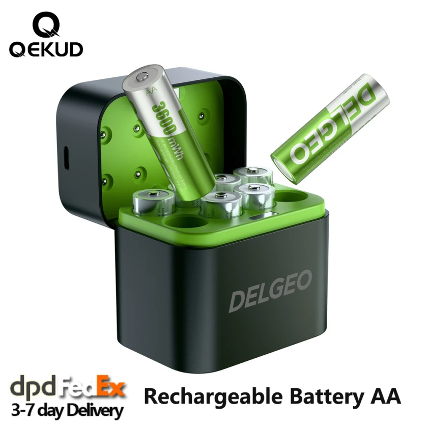 بطارية ليثيوم Delgeo AA قابلة لإعادة الشحن 1.5 فولت مع علبة شحن 3600 ميجاوات في الساعة سعة كبيرة متوافقة مع الكاميرا ولوحة الألعاب ونظام تحديد المواقع العالمي (GPS) والألعاب