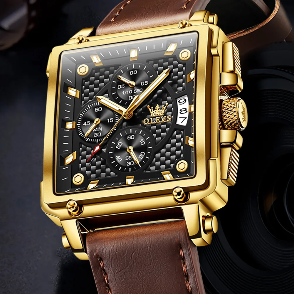 OLEVS Top Brand Men\'s Watches Luxury Square Quartz Wrist Watch Original Waterproof Luminous Chronograph Watch for Men Relogio