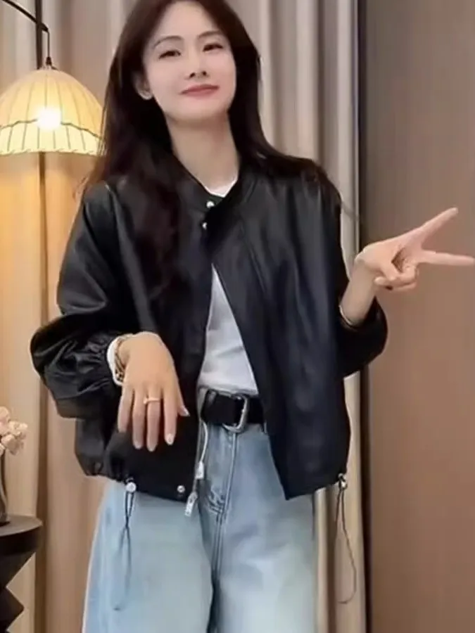 Korean Style Stand Collar Leather Jacket Women's Loose Slimming Casual Small Size Top Spring 2026 New Arrival Versatile Outer...