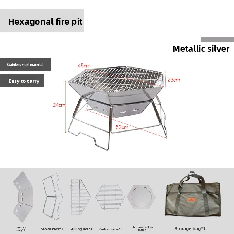 Hexagonal Portable Outdoor Camping Fire Pit with BBQ Grill Rack Stand UseTravel Outdoor Portable Utility Home Daily