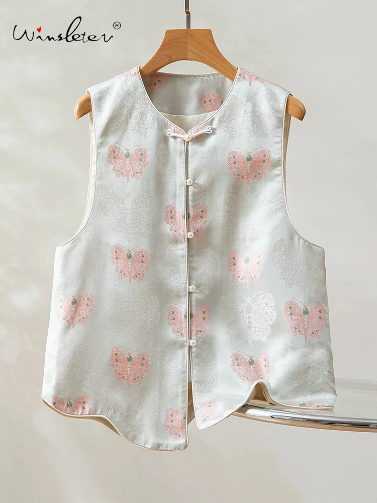 

Winsleter-100%Real Silk Song Brocade Elegant Vest Coat, O Neck Butterfly, Women Versatile Chic Waistcoat, 2025 Autumn C5O097CC