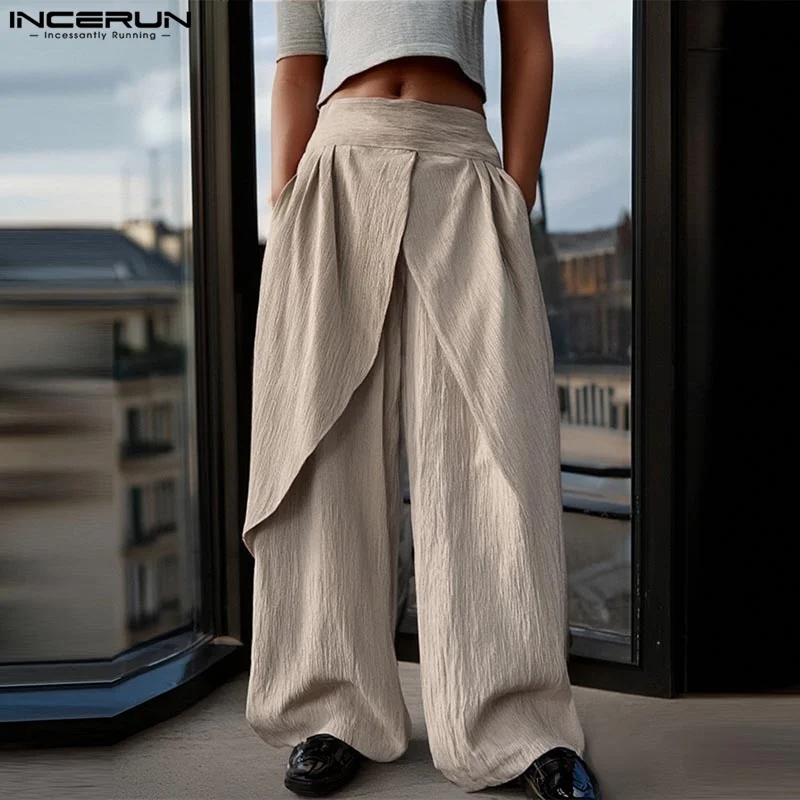 

INCERUN мужские брюки однотонные джоггеры с высокой талией свободные широкие брюки мужская уличная одежда оверсайз 2025 модные длинные брюки мужские