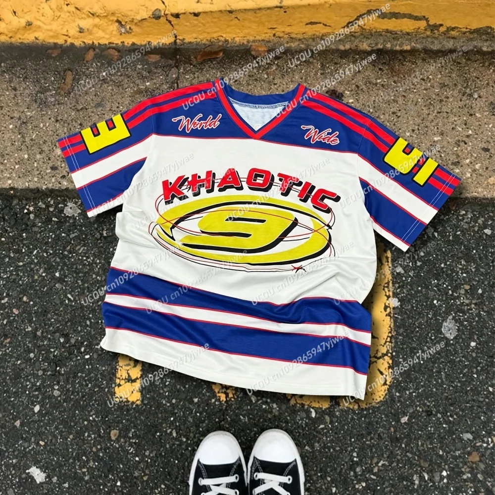 

2025 Women Y2k Vintage Inspired Unisex Jersey Top V-Neck Short Sleeve T-Shirt Baseball Jerseys Stripe Oversized Sport T-Shirt