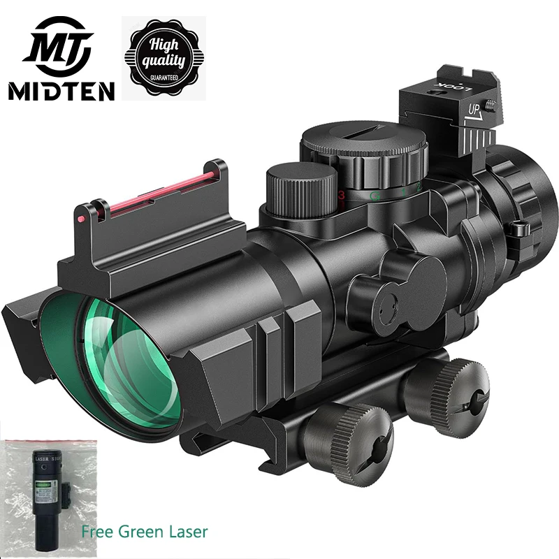 

MidTen 4x32 Tactical Rifle Scope Three Illuminated Reticle with Mount 20mm Rail Fiber Optic Sight With Green Laser