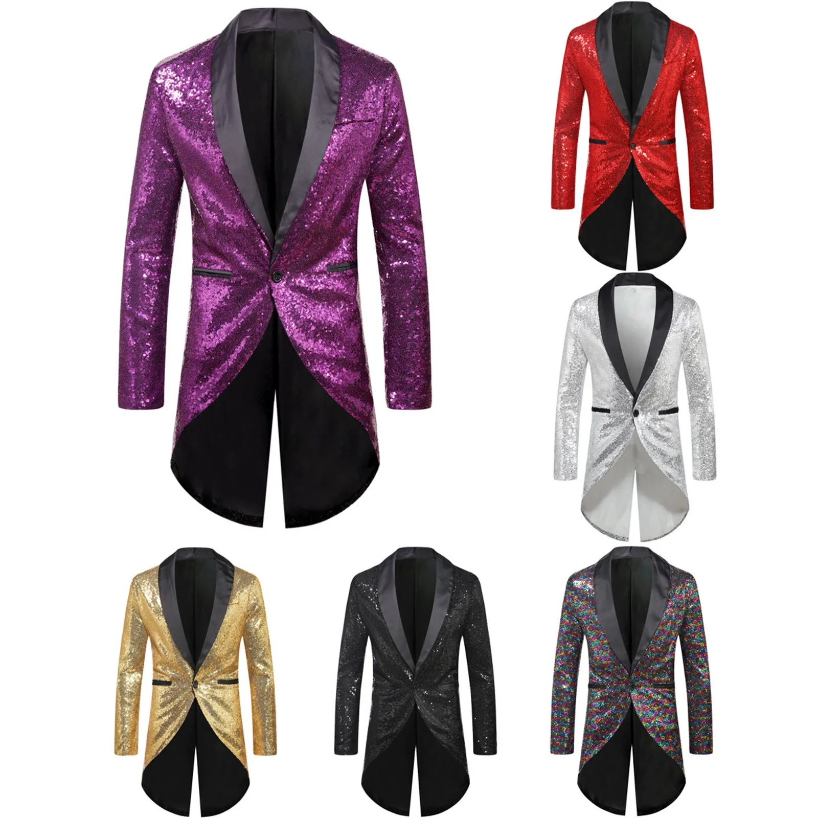 Men Tailcoat Shiny Gold Sequin Glitter Embellished Blazer Jacket Men Nightclub Prom Suit Stage Clothes For Singers