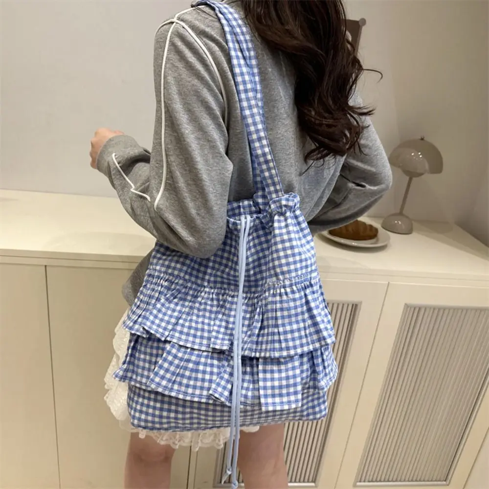 

Simple Korean Style Lotus Leaf Shoulder Bag Large Capacity Fashion Drawstring Bag Cloth Cute Plaid Tote Bag Storage Bag