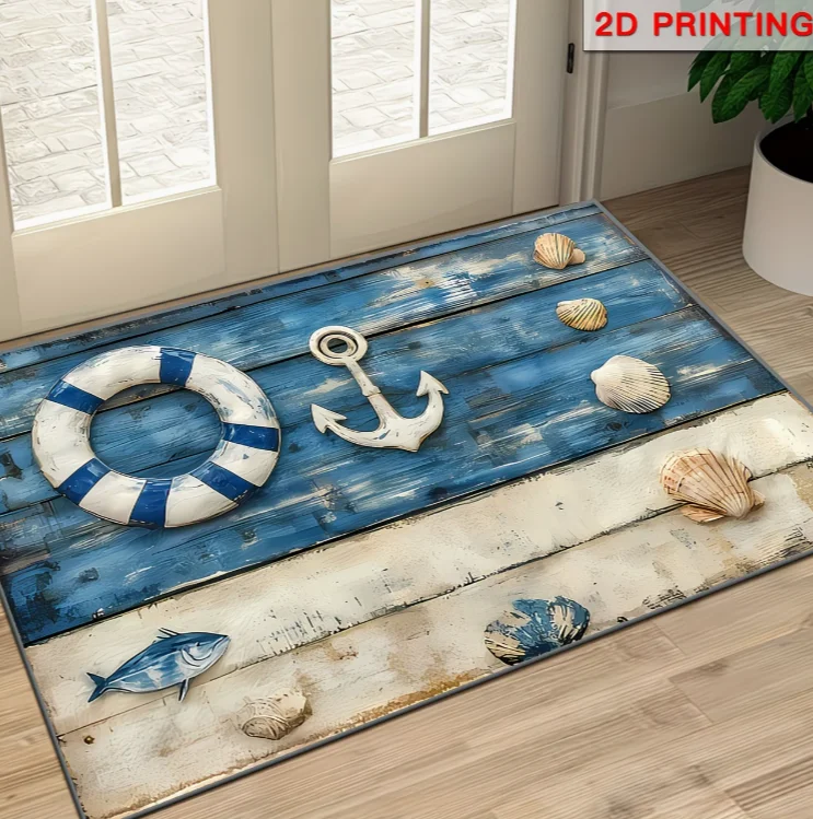 2D Flat 1-piece Nautical Blue and White Seashell Pattern Doormat, Non-slip and Washable Entrance Mat, Suitable for Doorways