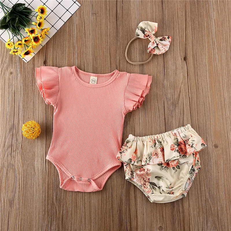 

0-18months Girl infant Summer Outfit Sets Ruffle Romper clothes set for girls Floral Shorts Headband