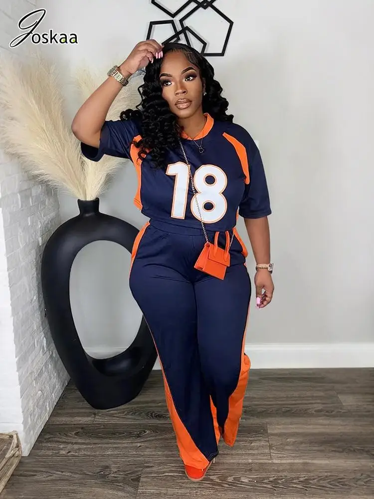 

Joskaa 2025 Women's Color Block 2 Piece Set Casual Digital Print Short Sleeve Crop Top+Straight Pants Match Tracksuit Streetwear