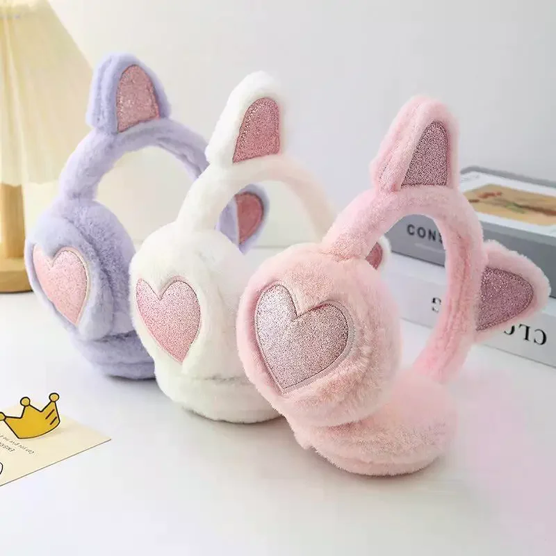 Plush Winter Warm Ear Earmuffs Glitter Cat Ear Warmers Heart Fur Hang Ear Cover For Women Girl Earflap Cold Protection Ear Muffs