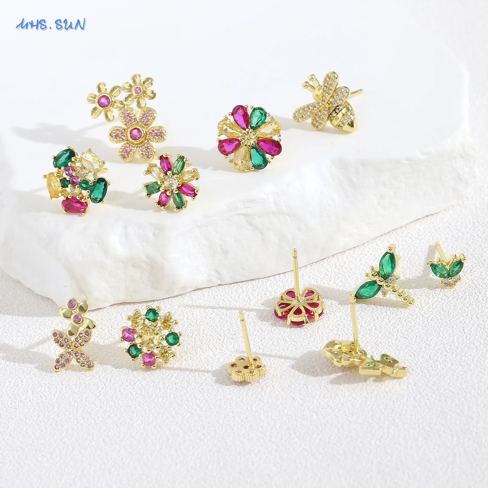 SUNSLL Spring Dragonfly Butterfly Cubic Zircon Flower Stud Earrings For Women Girls Gold Plated Daily Jewelry Gift 1Pair