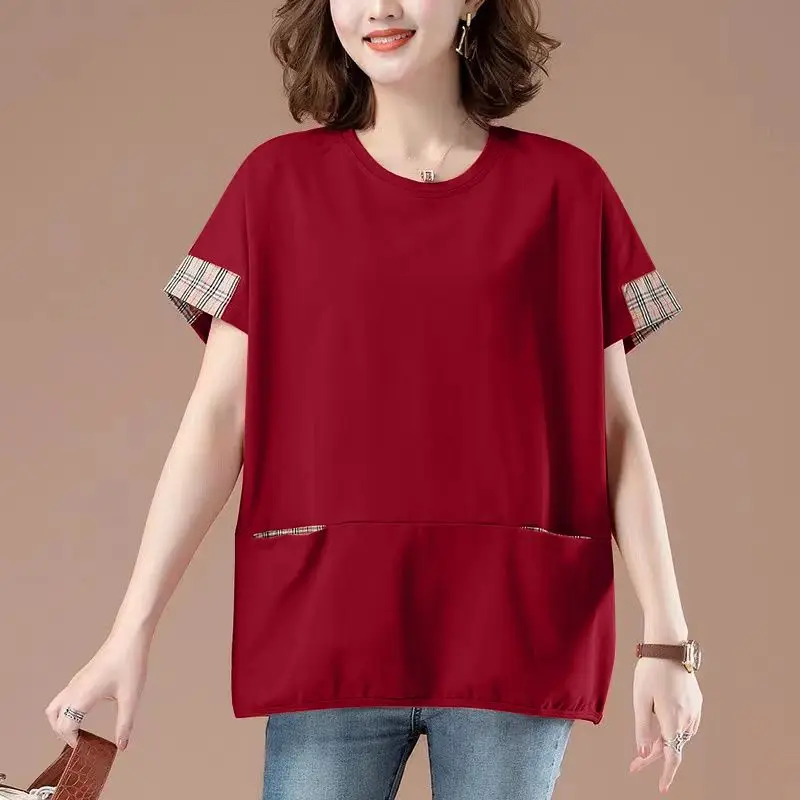 Women Summer Simplicity Loose Large Size pocket Solid Color O-neck Short Sleeve T-Shirt Women Clothes Casual All-match Top Tee