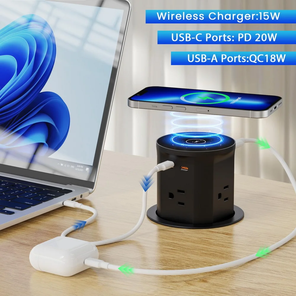 

Hole Size 85mm Office Conference Table Black Pop up Outlet with 15 W Wireless Charger Pop up Power Outlet for Kitchen Counter