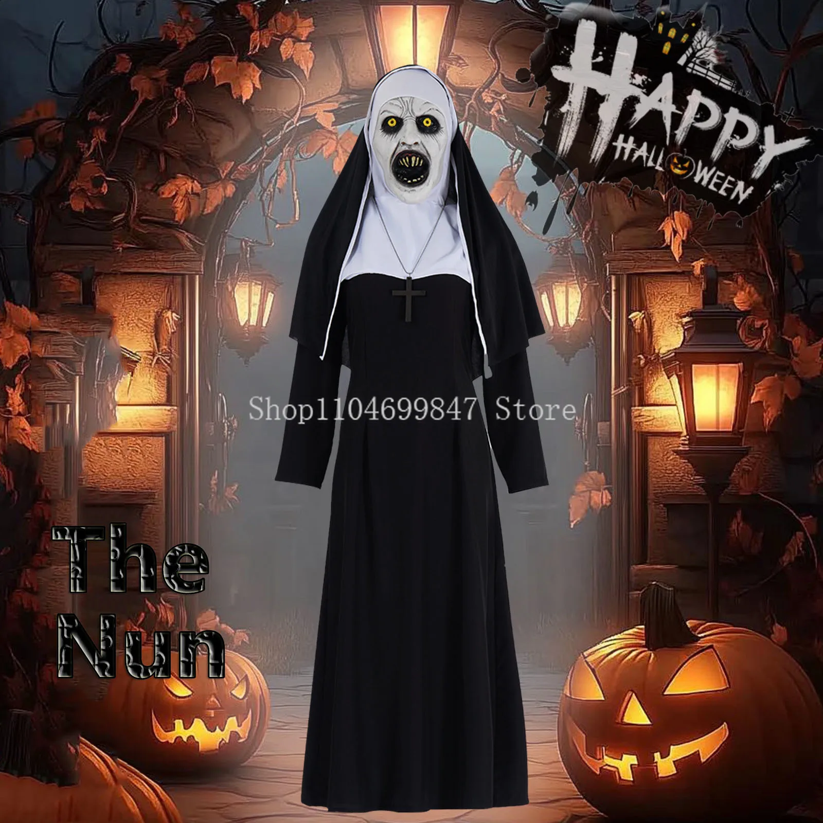 أزياء شبح نون التأثيرية أزياء رعب ريترو الدين أزياء الكاهن للهالوين للنساء البالغات متكاملة مع قناع