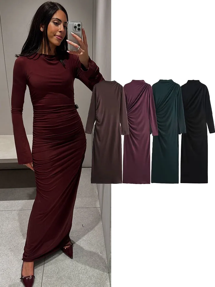 

TRAFZA Female High Street Long Dresses Solid Crew-Neck Long Sleeve Pleated Decoration Back Zipper Mini Dress Woman 2025 Trendy