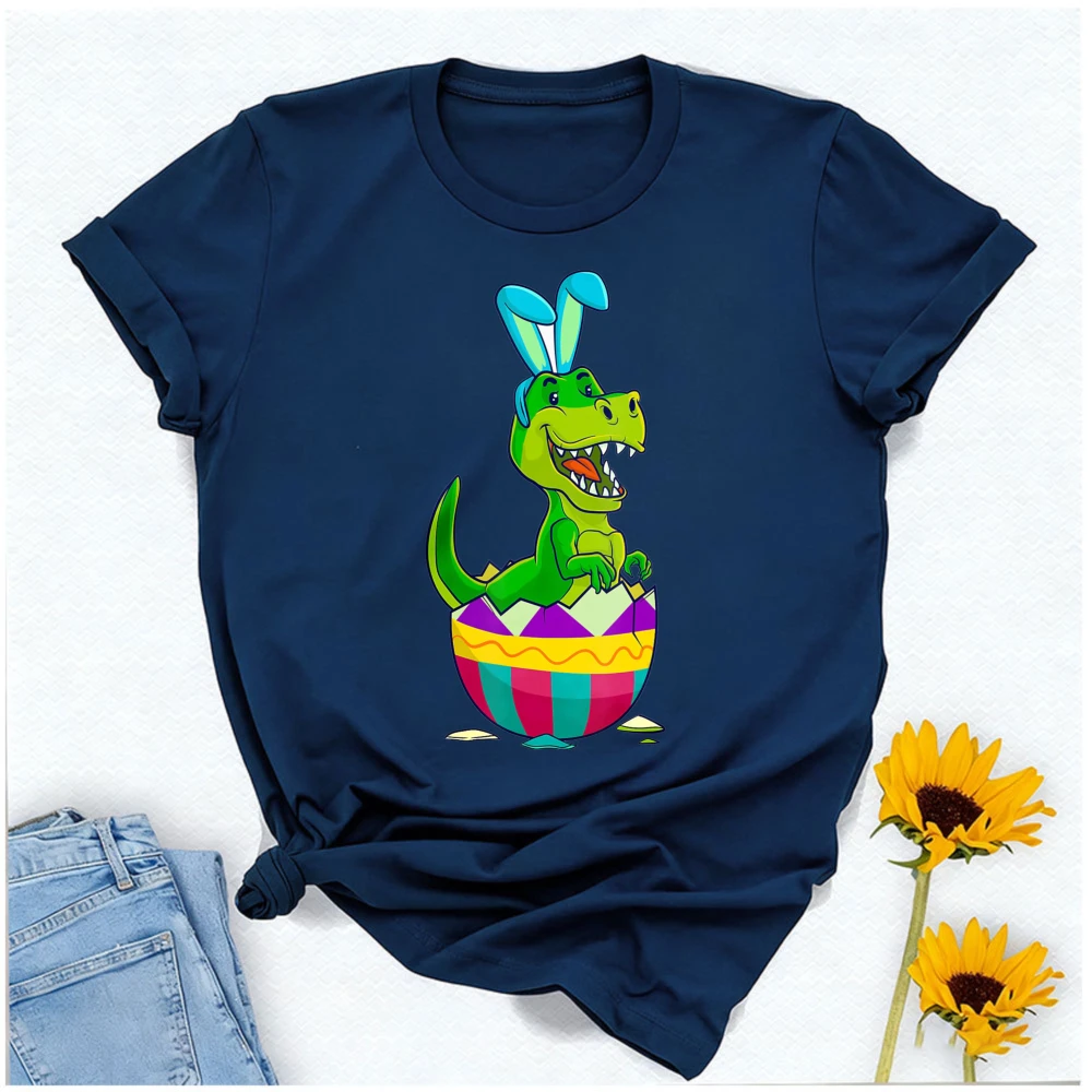 Pastel Easter T-Rex Bunny T-Shirt Cartoon Dinosaur Hatching From Colorful Egg Cotton Casual Streetwear for Spring Celebrations