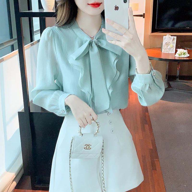 Long Sleeve Ruffles Chiffon Blouse Shirt Women Tops Blouse Women Blusas Mujer De Moda 2024 Shirts Blouses Blusa Feminina G205