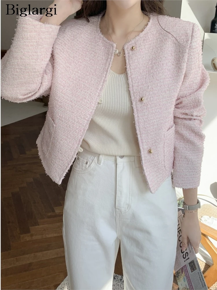 Spring Tweed Pink Coat Women Long Sleeve Casual Loose Fashion Ladies Cropped Jackets Korean Style Woman Coats Manteau Femme