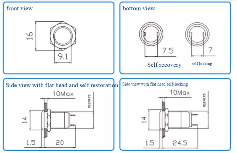 16-mm-Metalltaster, vollständig oxidierte Schrauben, gelötete Anschlüsse, in verschiedenen Farben erhältlich, selbstrückstellend und mit Impulsfunktion. – Detail 5