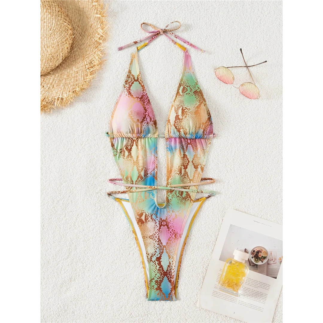 Sexy, tief ausgeschnittener, bedruckter, rückenfreier Einteiler-Badeanzug mit V-Ausschnitt, Damen-Badebekleidung, Monokini, gepolsterter Badeanzug, Badeanzug, Schwimmanzug V7851 – Detail 7