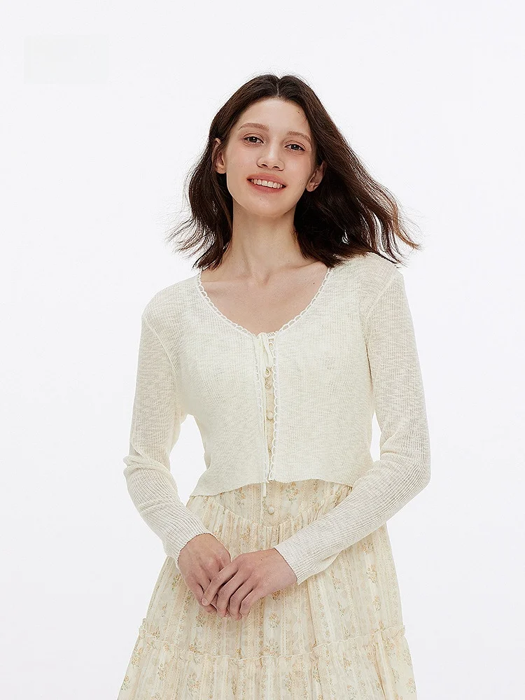 

Semir Knitted ort Lace V-ne Women's Sweater Gentle Knot Slim Fit Summer New Arrival Soft Sle Long Sve Top