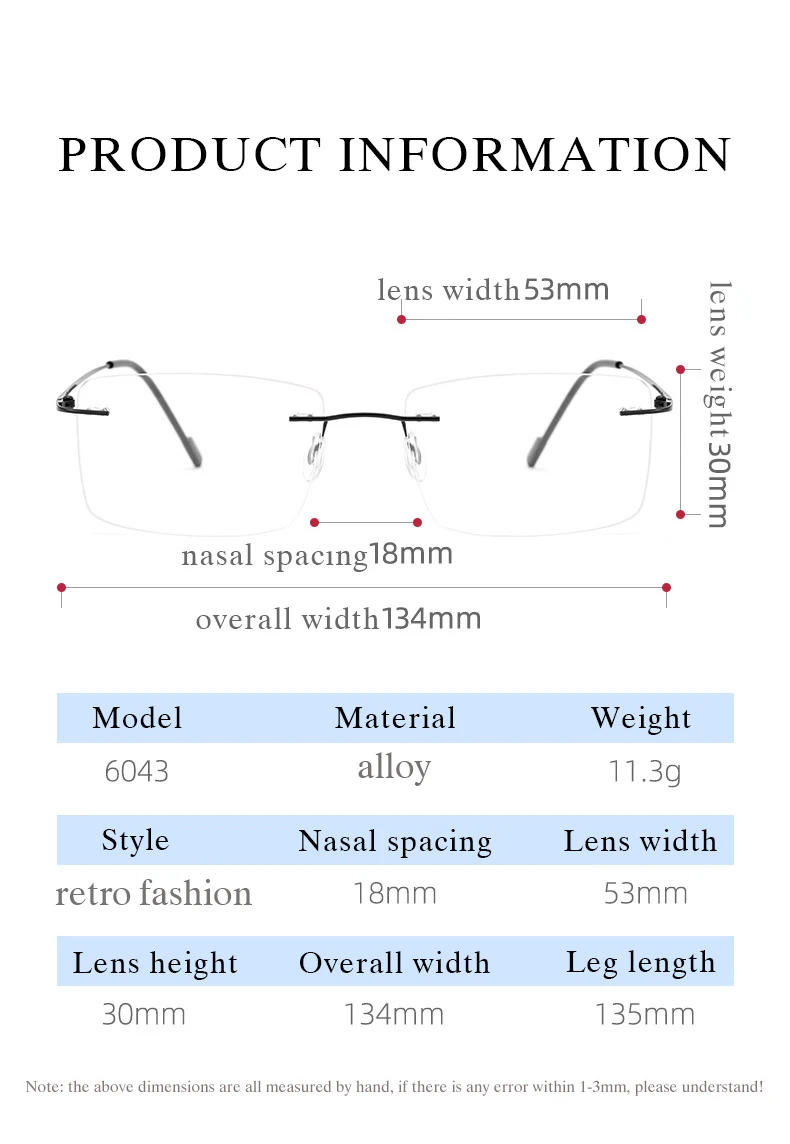 New 2022 Rimless Glasses Frame with Recipe Customized Lenses Shapes Flexible Temple Legs Prescription Eyeglasses for Men Women