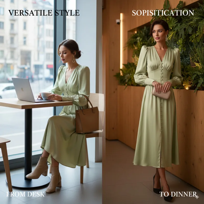 فستان نسائي أنيق من الساتان بأكمام طويلة ورقبة على شكل حرف v بقصة ضيقة للحفلات المسائية فستان أنيق للمناسبات الرسمية والاحتفالات