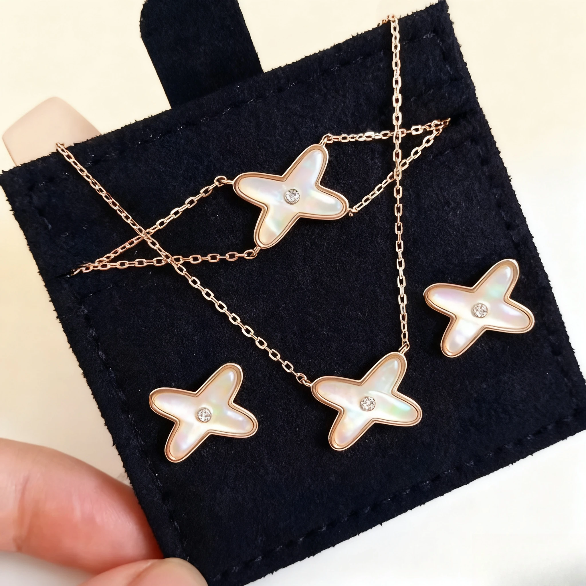 

2025 Trendy Jewelry Classic Rose Gold Symbol Cross Style White Shell Pendant Clavicle Chain Necklace Bracelet Earrings Sets