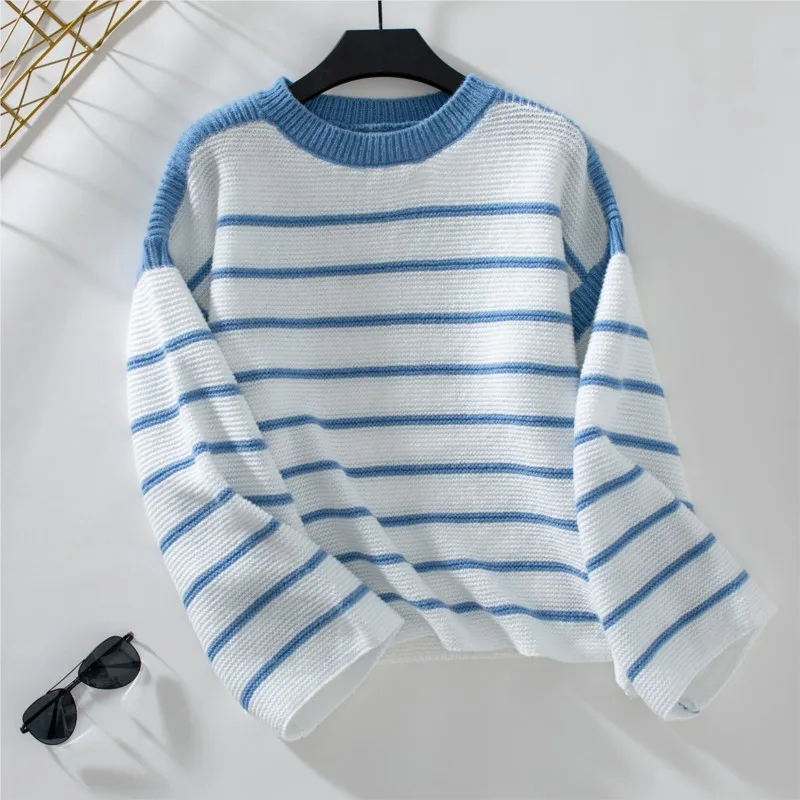 Maglione lavorato a maglia a maniche lunghe a righe bianche nere per l'autunno inverno da donna nuovo maglione pullover allentato girocollo Ropa Mujer