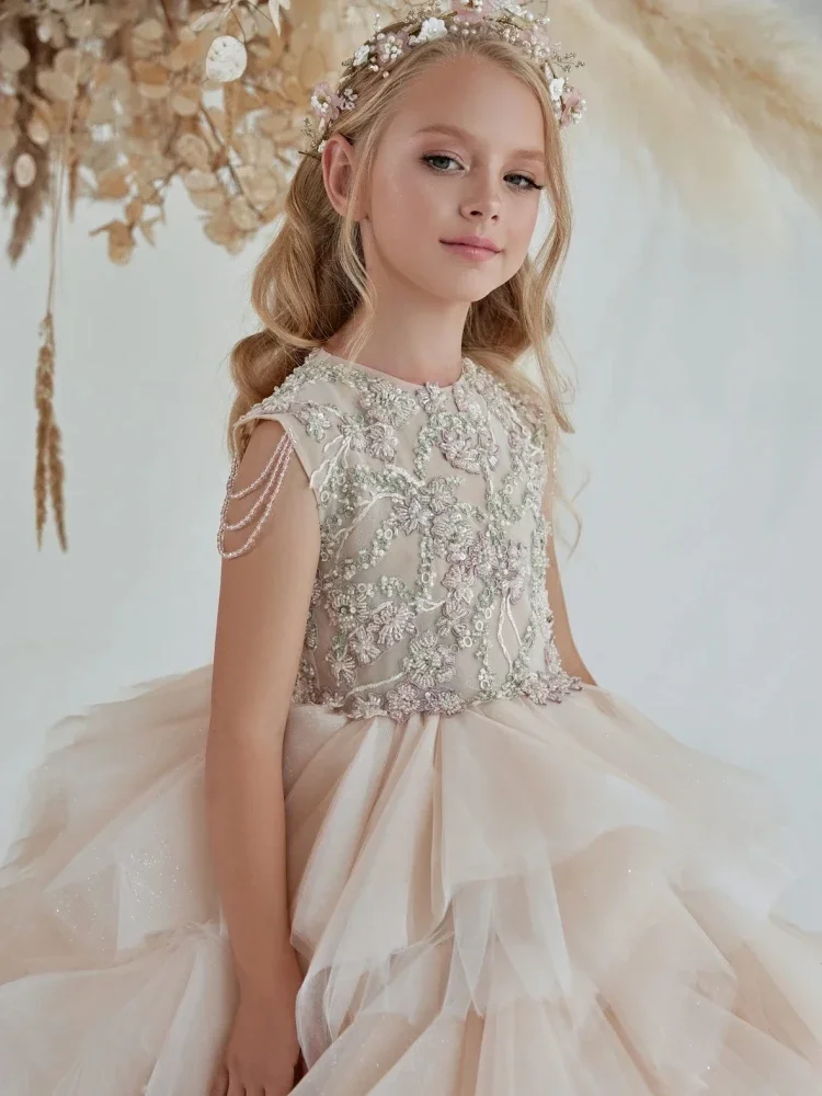 

Flower Girl For Wedding Birthday Party Pageant Princess Gowns Dress Champagne Tulle Appliques Beading Tiered Sleeveless